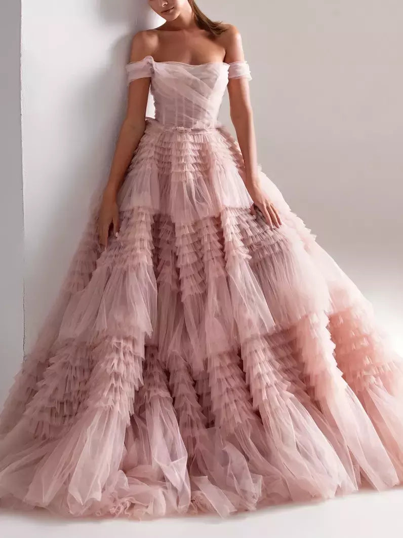 Off-the-shoulder tiered tulle corset gown in pink for elegant special occasions
