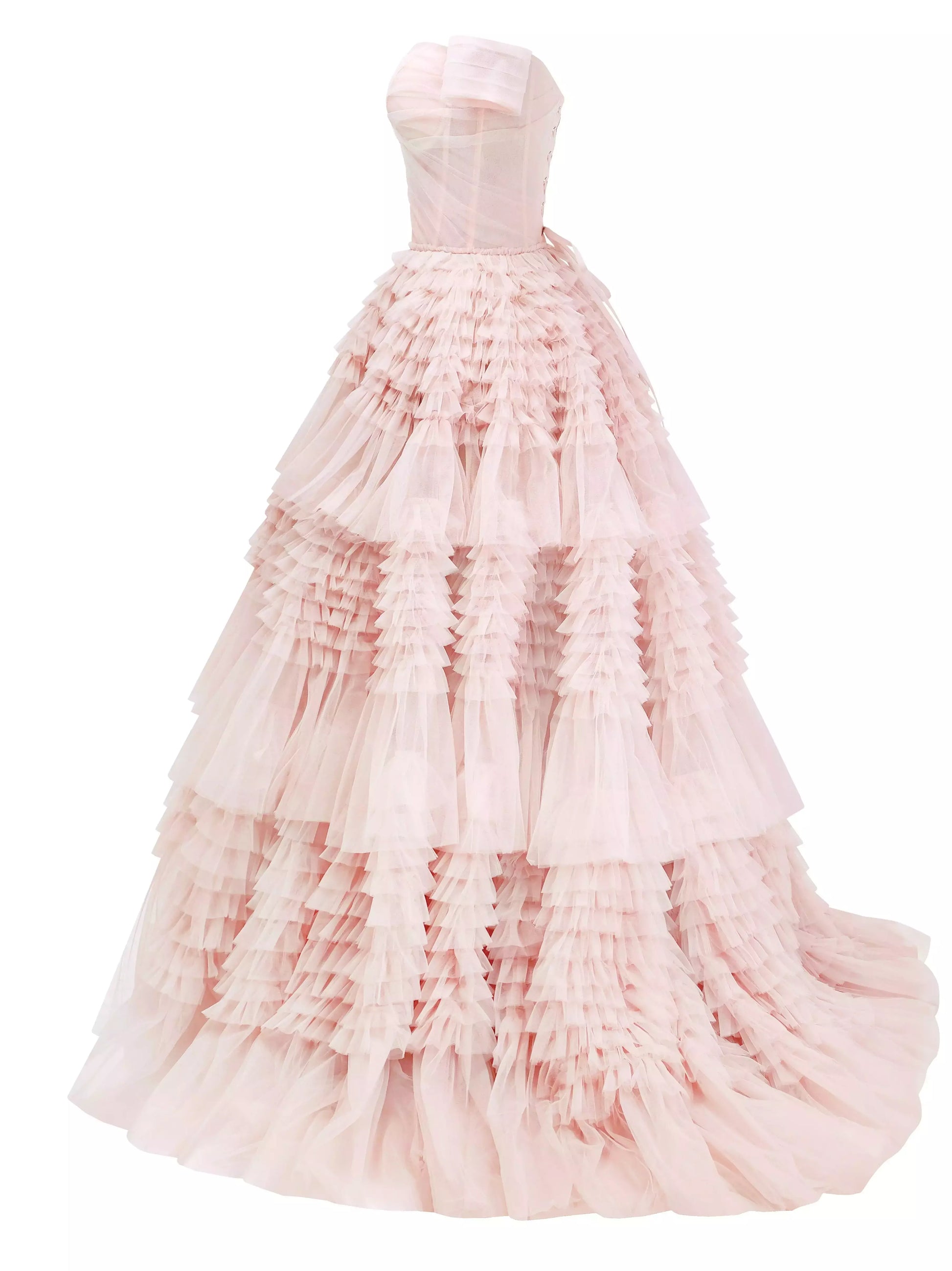 Off-the-shoulder tiered tulle corset gown in pink for elegant occasions