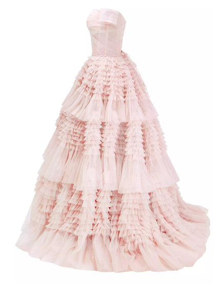 Off-the-shoulder tiered tulle corset gown in pink for elegant occasions