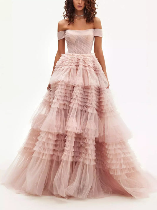 Off-the-shoulder tiered tulle corset gown in pink perfect for elegant occasions
