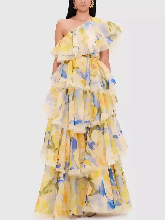 One-Shoulder Floral-Print Tiered Layered Tulle Dress - Dresses