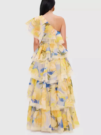 One-Shoulder Floral-Print Tiered Layered Tulle Dress - Dresses