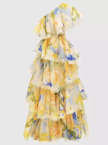 One-Shoulder Floral-Print Tiered Layered Tulle Dress - Dresses