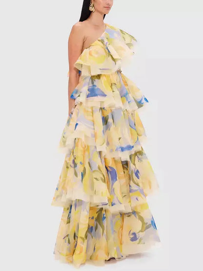 One-Shoulder Floral-Print Tiered Layered Tulle Dress - Dresses