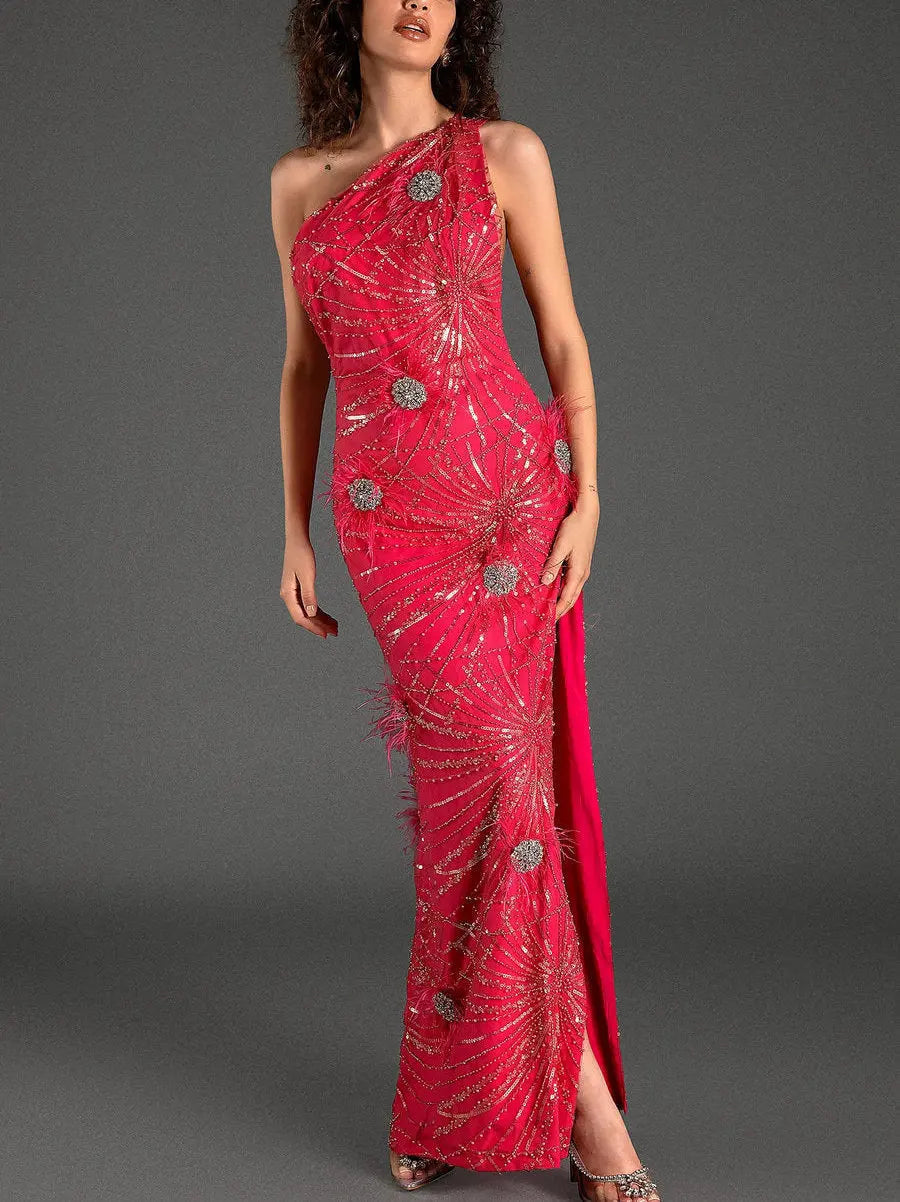 One Shoulder Sequin High Slit Dress with Beads and Appliques - Dresses