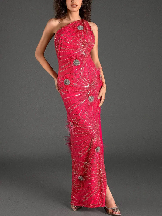 One Shoulder Sequin High Slit Dress with Beads and Appliques - Dresses