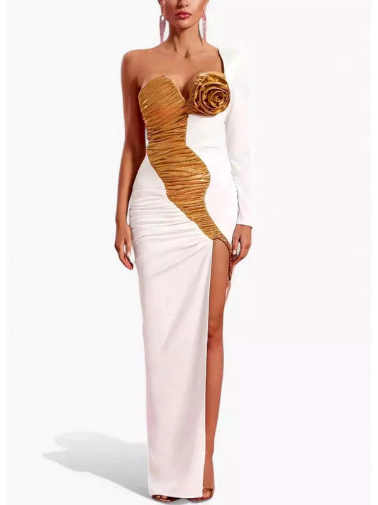 One-Sleeve White gown with Gold Flower Applique - XS - Dresses