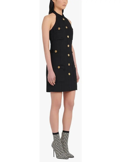 Open-Back Black Dress with Gold-Tone Buttons - Dresses