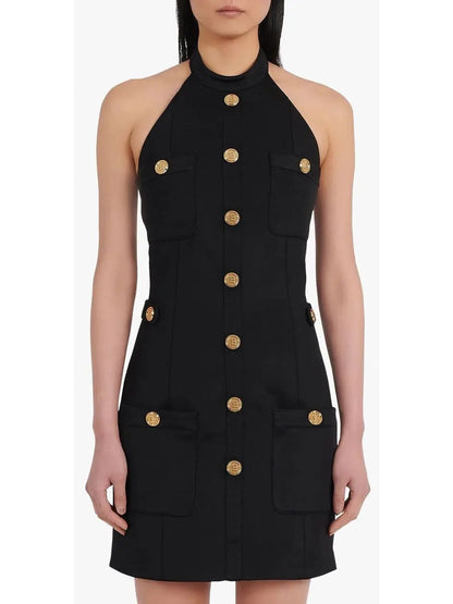 Open-Back Black Dress with Gold-Tone Buttons - Dresses