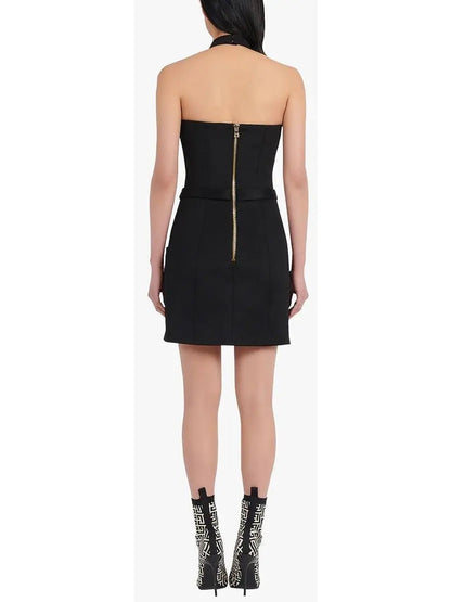 Open-Back Black Dress with Gold-Tone Buttons - Dresses