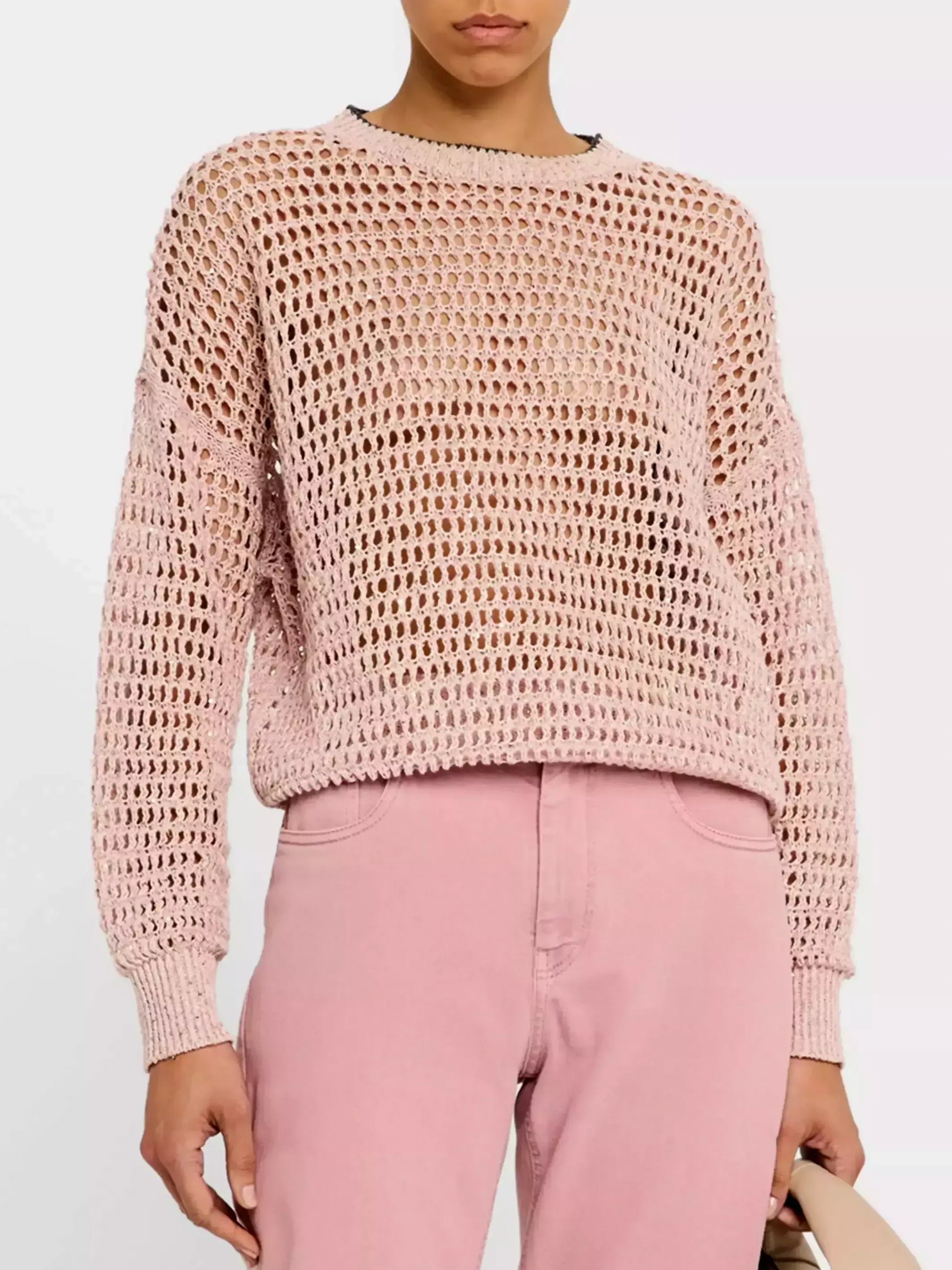 Open-Knit Pink Crew-Neck Sweater - Sweaters & Knitwear