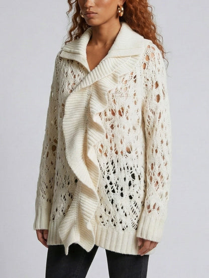 Open-Knit Ruffle-Trim Fold-Over Collar Sweater - Sweaters & Knitwear