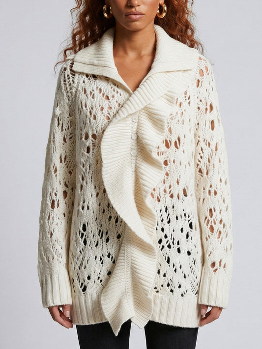Open-Knit Ruffle-Trim Fold-Over Collar Sweater - Small - Sweaters & Knitwear