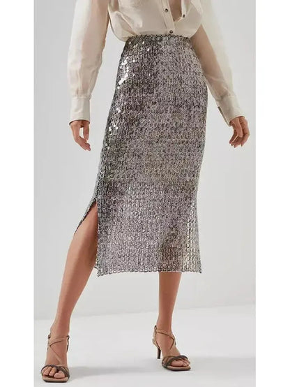 Open-Knit Sequined Midi Skirt - Skirts