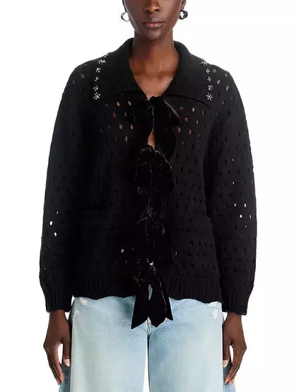 Open-Knit Velvet-Bow Embellished-Collar Cardigan in Black - Sweaters & Knitwear