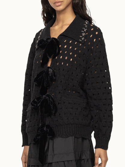 Open-Knit Velvet-Bow Embellished-Collar Cardigan in Black - Sweaters & Knitwear