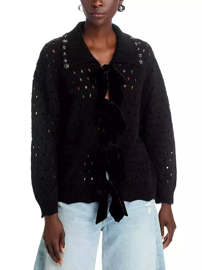 Open-Knit Velvet-Bow Embellished-Collar Cardigan in Black - Sweaters & Knitwear