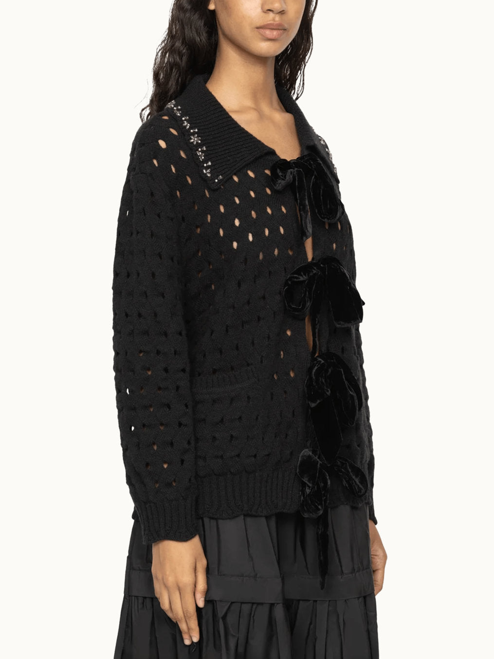 Open-Knit Velvet-Bow Embellished-Collar Cardigan in Black - Sweaters & Knitwear