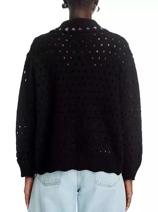 Open-Knit Velvet-Bow Embellished-Collar Cardigan in Black - Sweaters & Knitwear