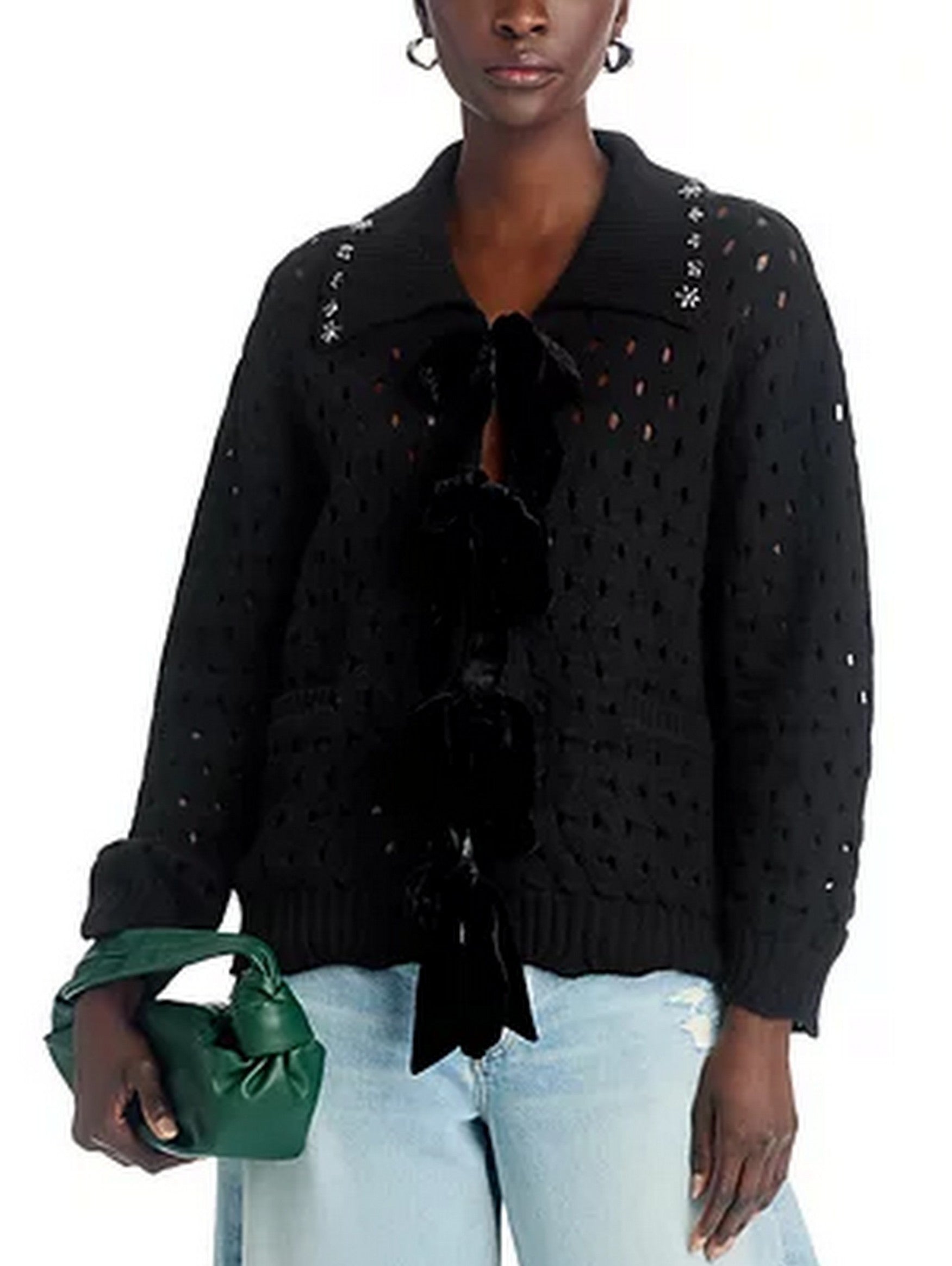 Open-Knit Velvet-Bow Embellished-Collar Cardigan in Black - Sweaters & Knitwear