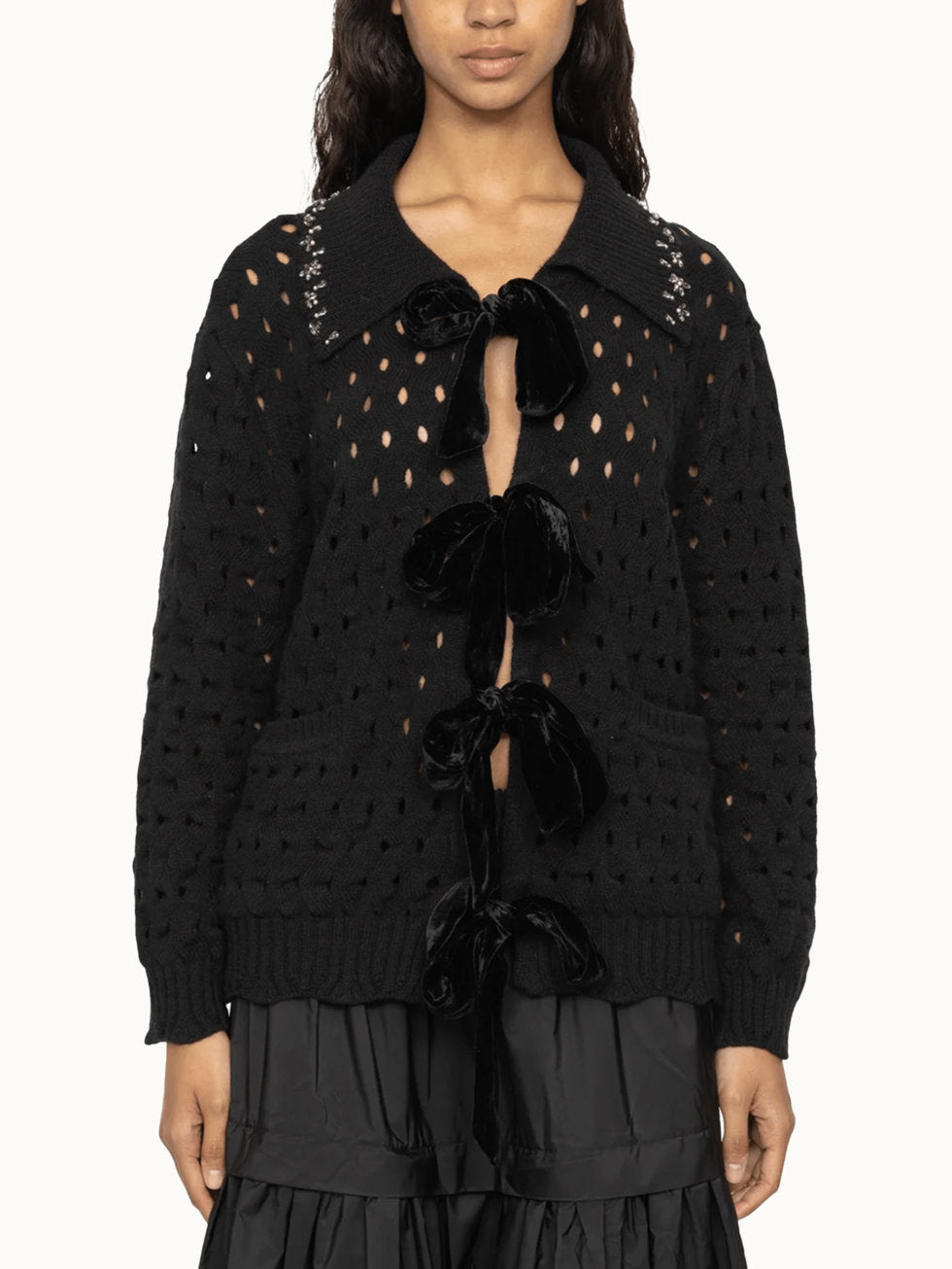 Open-Knit Velvet-Bow Embellished-Collar Cardigan in Black - Sweaters & Knitwear