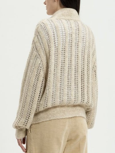 Open Knit Zip Cardigan with Sequins in Beige - Sweaters & Knitwear