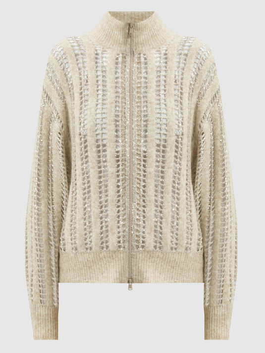 Open Knit Zip Cardigan with Sequins in Beige - Sweaters & Knitwear