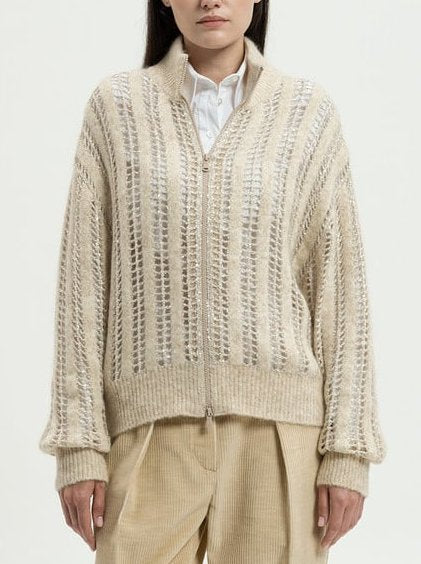 Open Knit Zip Cardigan with Sequins in Beige - Sweaters & Knitwear