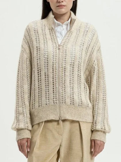 Open Knit Zip Cardigan with Sequins in Beige - Sweaters & Knitwear