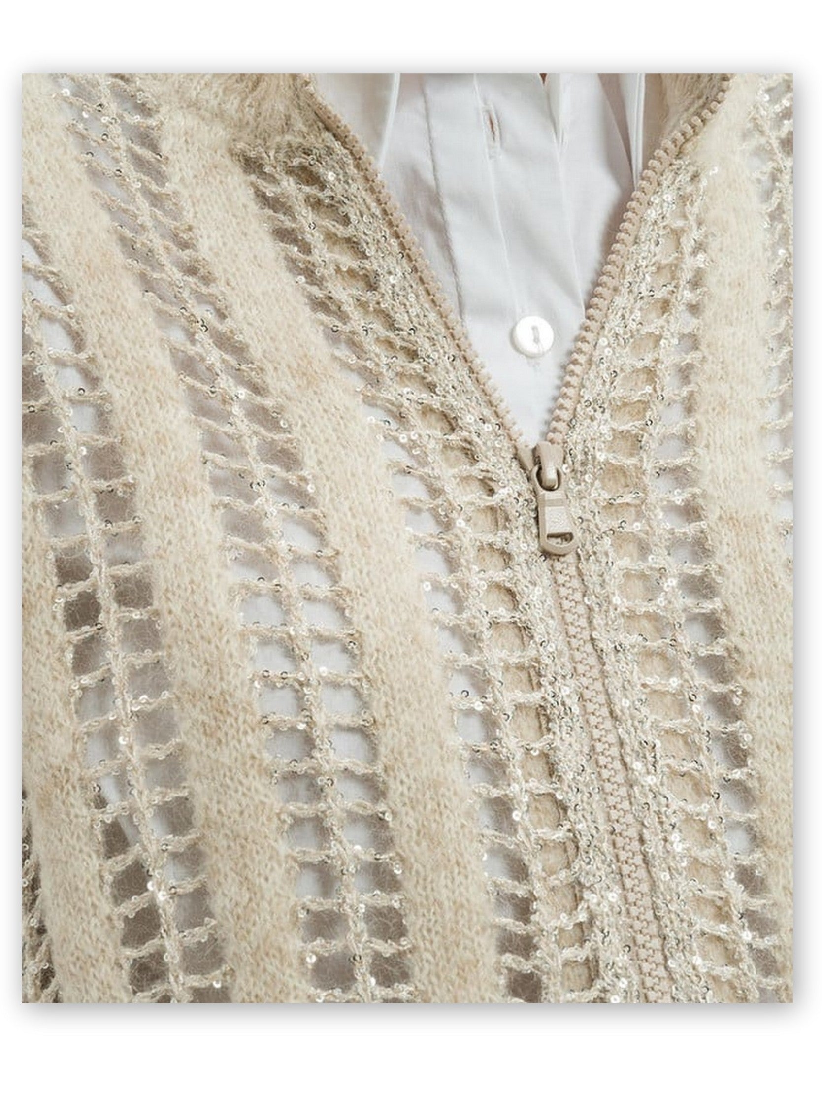 Open Knit Zip Cardigan with Sequins in Beige - Sweaters & Knitwear