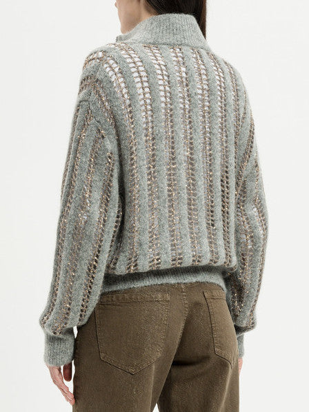 Open Knit Zip Cardigan with Sequins in Grey - Sweaters & Knitwear