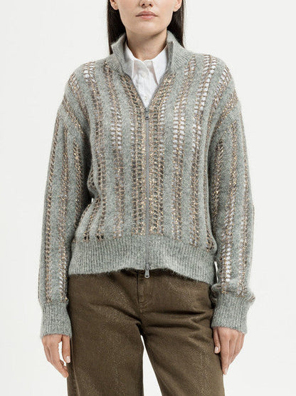 Open Knit Zip Cardigan with Sequins in Grey - Sweaters & Knitwear