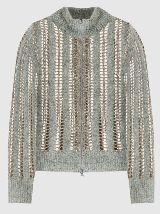 Open Knit Zip Cardigan with Sequins in Grey - Sweaters & Knitwear