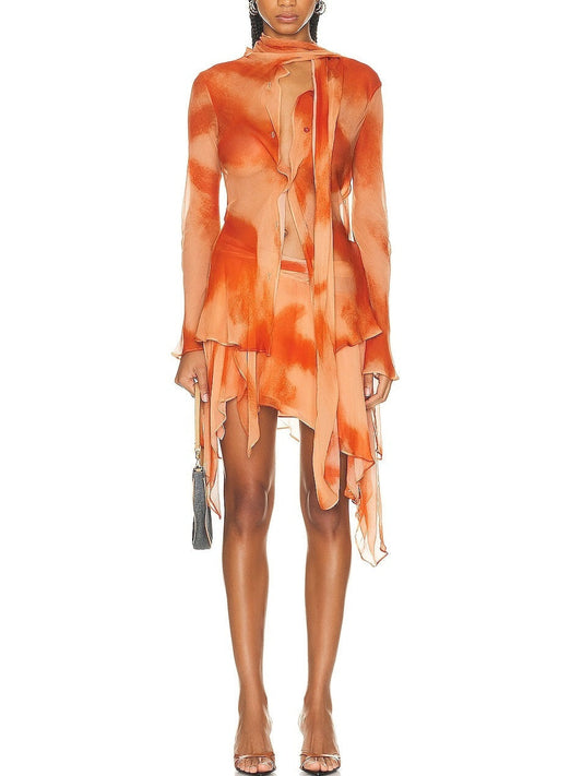 Orange Tie-Dye Scarf Blouse and Skirt Set - Suits & Sets