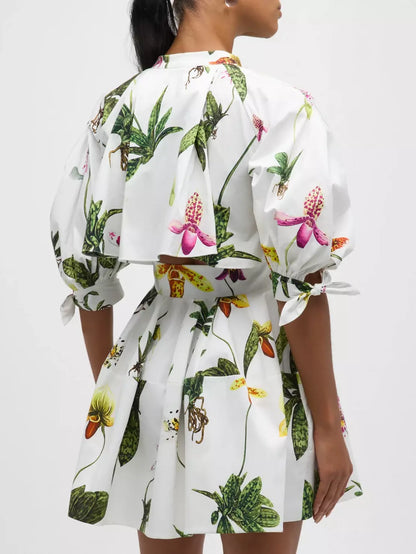 Orchid-Print Open-Back Mini Shirt-Dress - Dresses