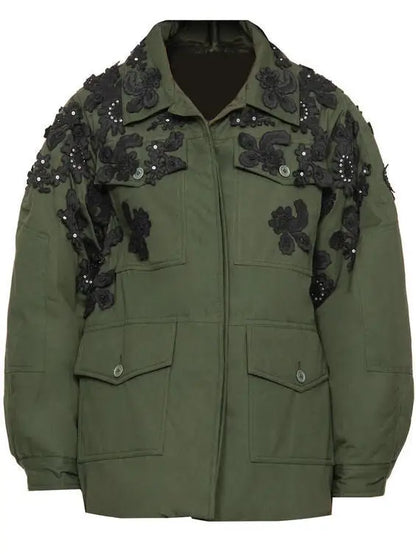 Oversize Embroidered Green Cargo Jacket - Jackets