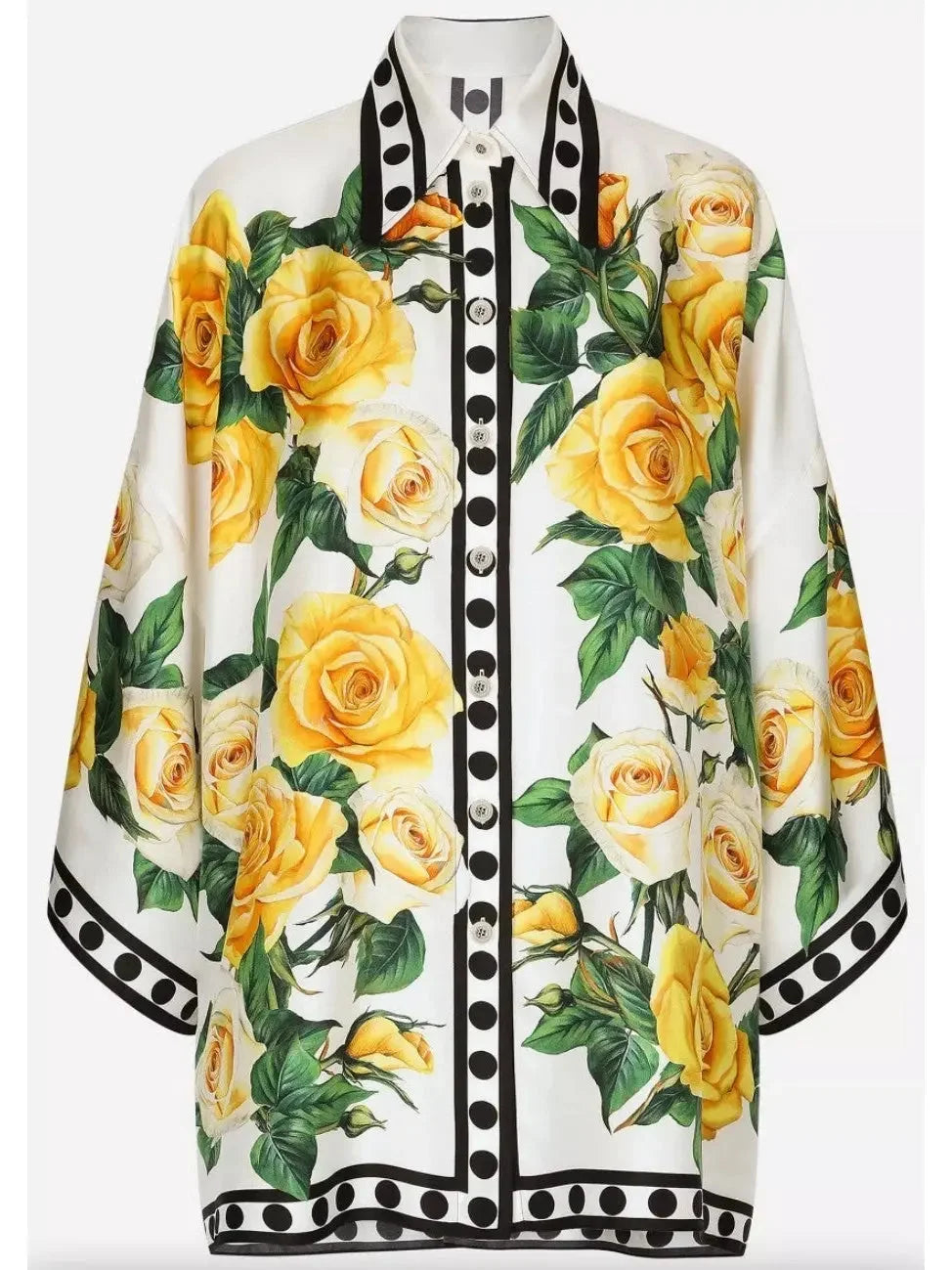 Oversize Silk Twill Shirt with Yellow Rose Print - Tops