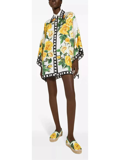 Oversize Silk Twill Shirt with Yellow Rose Print - Tops