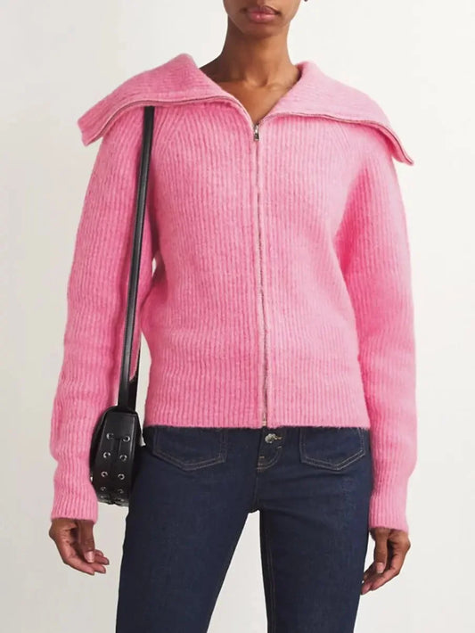 Oversized-Collar Pink Zip-Up Cardigan Sweater - Sweaters & Knitwear