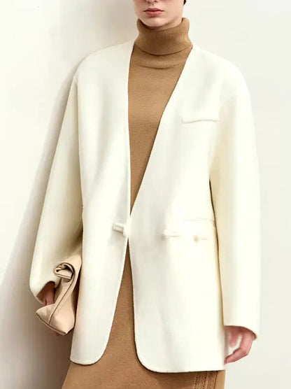 Oversized Wool-Blend Blazer with Decorative Closure - Jackets