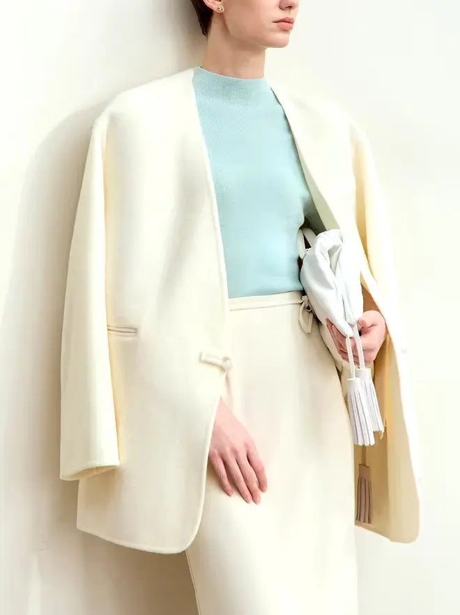 Oversized Wool-Blend Blazer with Decorative Closure - Jackets