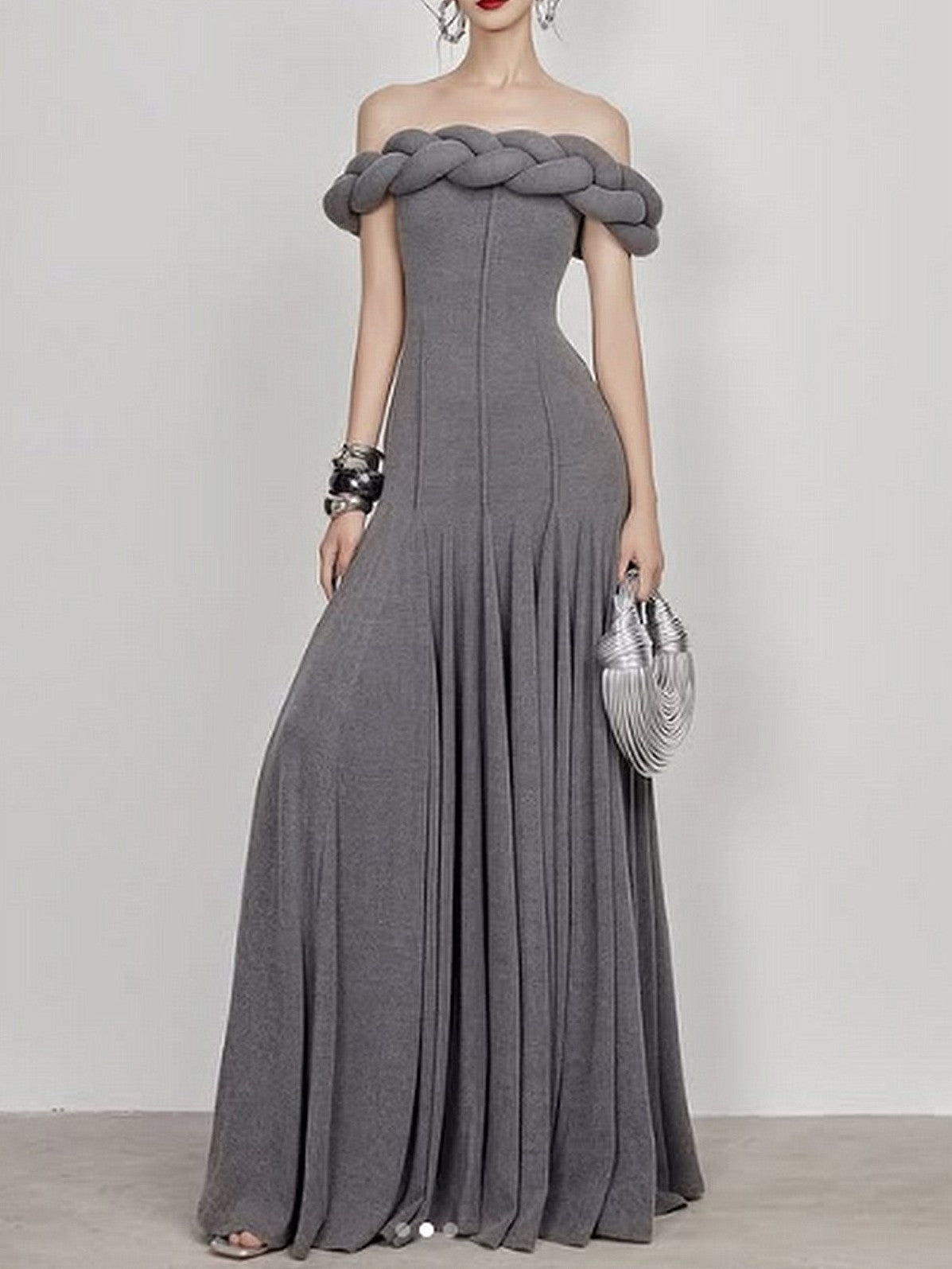 Padded Braided Off-Shoulder Maxi Dress - S / Grey - Dresses