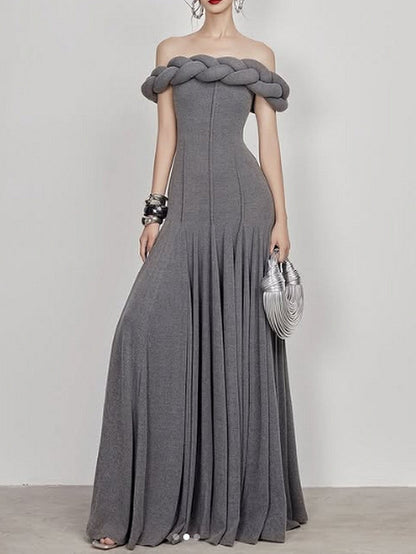 Padded Braided Off-Shoulder Maxi Dress - S / Grey - Dresses