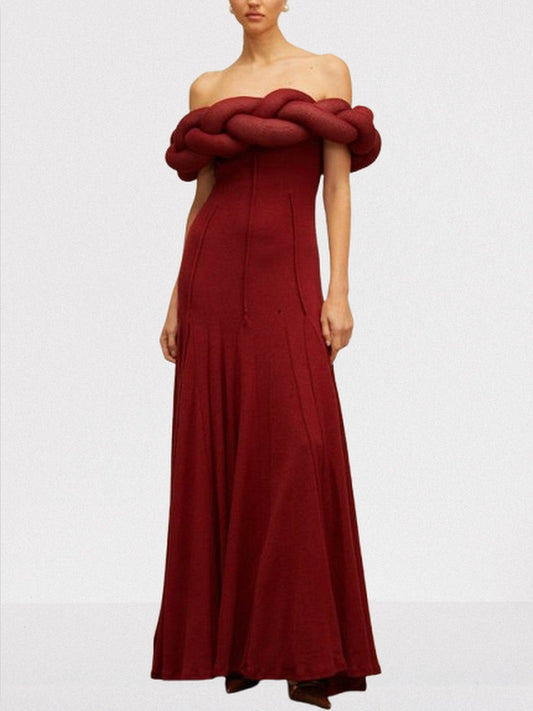 Padded Braided Off-Shoulder Maxi Dress - S / Red - Dresses