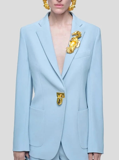 Padlock Single-Breasted Blazer Jacket with Bijoux Buttons - Small / Light Blue - Jackets