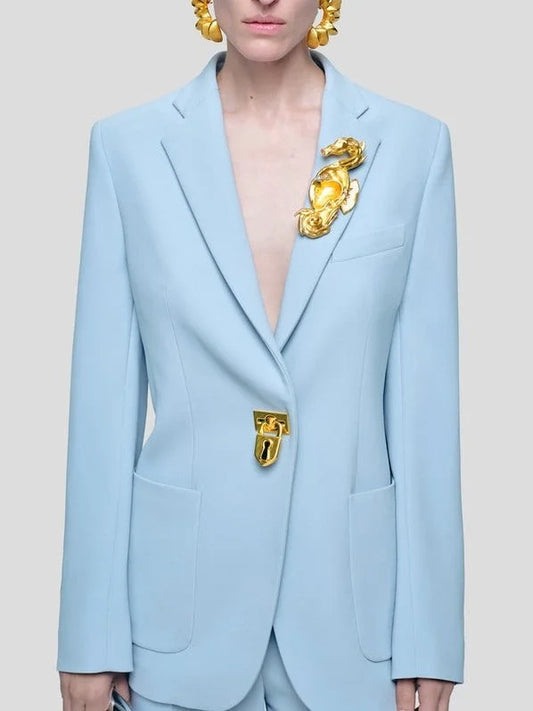 Padlock Single-Breasted Blazer Jacket with Bijoux Buttons - Small / Light Blue - Jackets