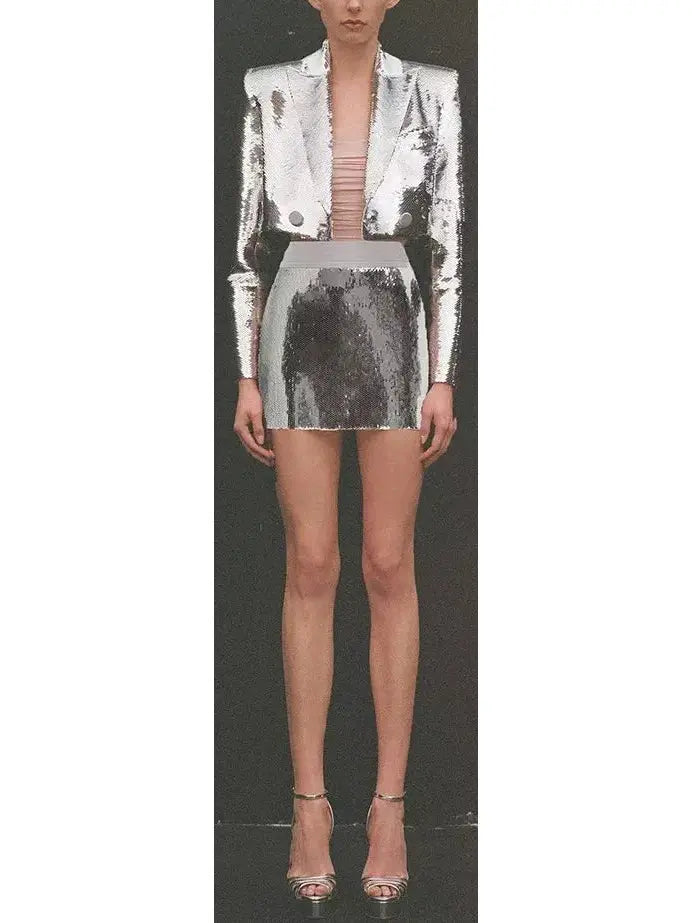 Pagett Silver Sequin Cropped Blazer and Skirt Set - Suits & Sets