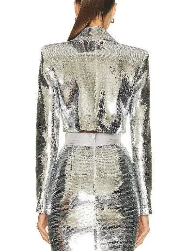 Pagett Silver Sequin Cropped Blazer and Skirt Set - Suits & Sets