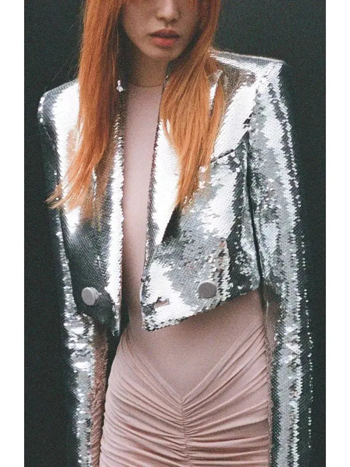 Pagett Silver Sequin Cropped Blazer and Skirt Set - Suits & Sets