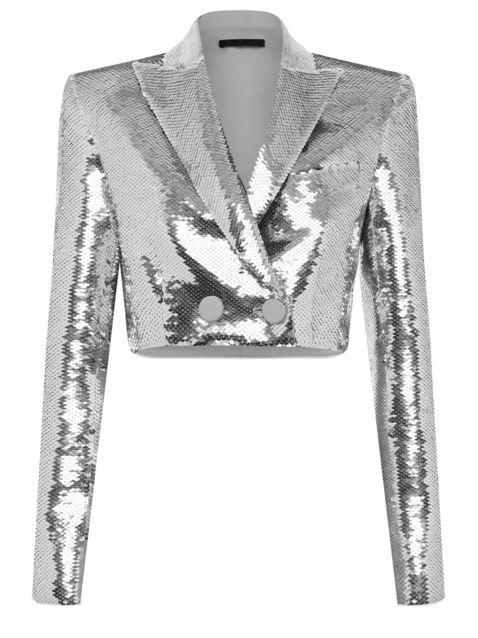 Pagett Silver Sequin Cropped Blazer and Skirt Set - Suits & Sets